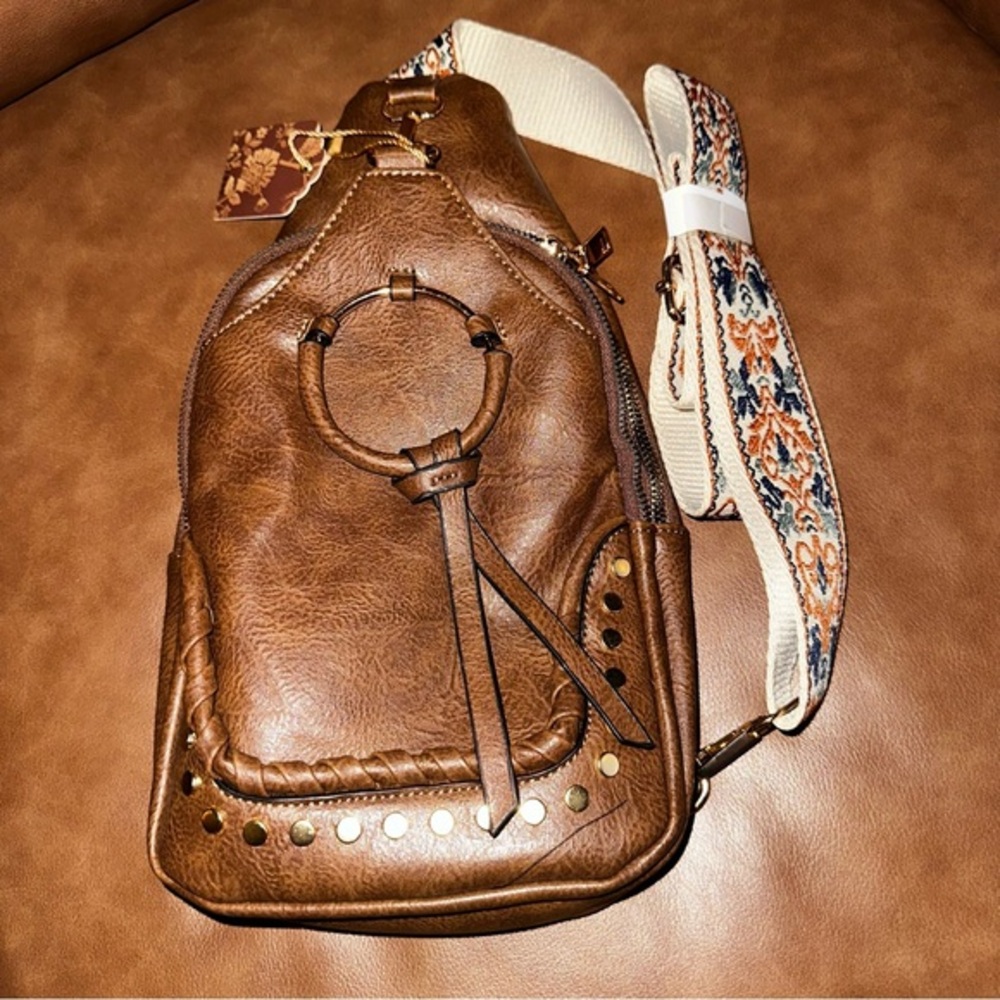 NWT Sam & Hadley Studded Deluxe Sling western/Boho Brown Crossbody